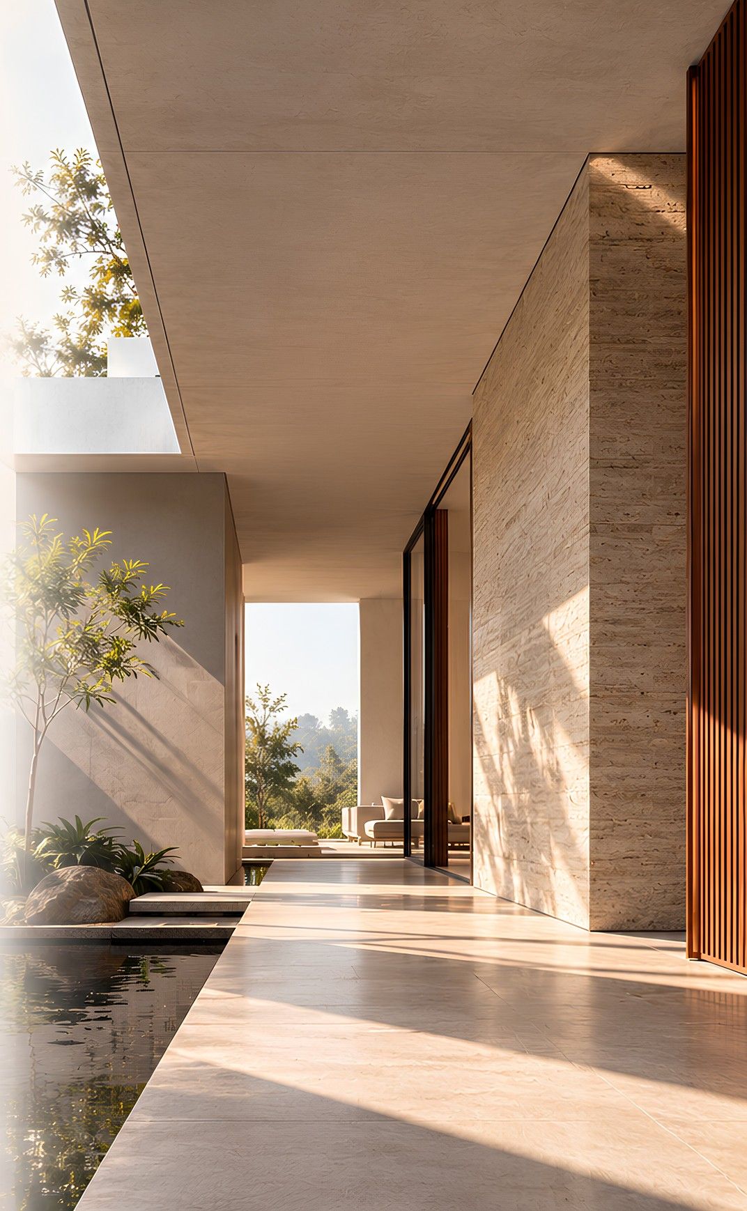 Placeholder image of a sunlit covered walkway beside a stone wall, timber fins and a still water channel.