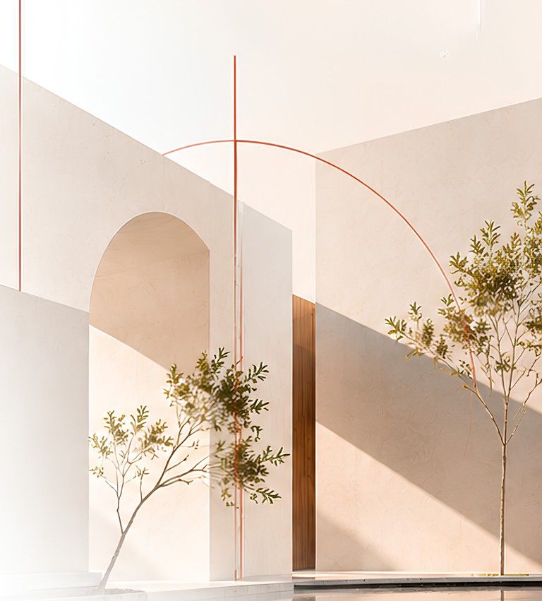 Placeholder image of an arched opening in a warm plaster wall with a young tree.