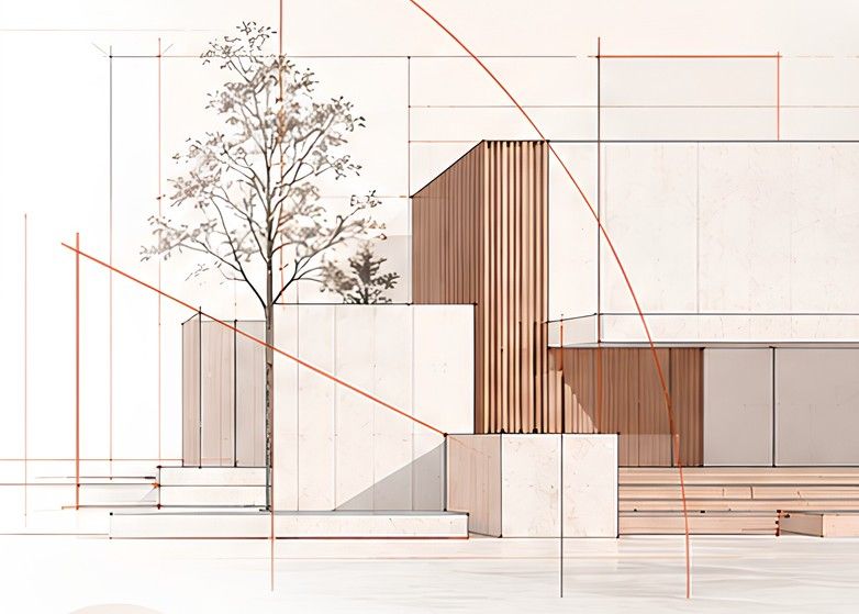 Placeholder line drawing of a contemporary building elevation with a tree, timber fins and construction lines.
