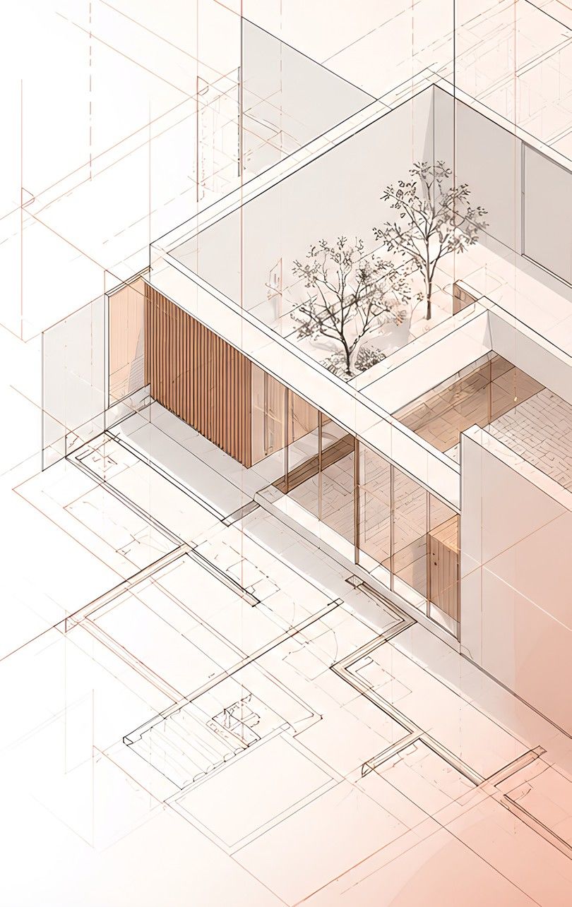 Placeholder isometric line drawing of a courtyard house with timber screens and trees.