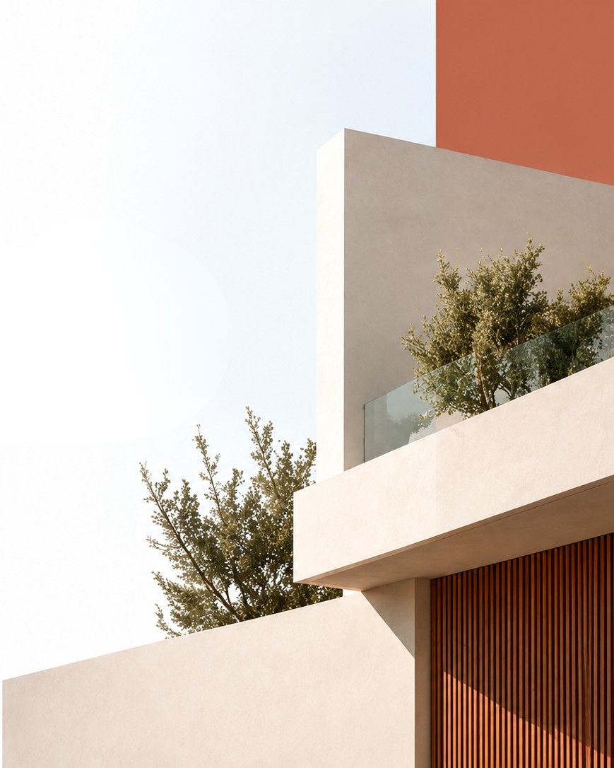 Placeholder image of a white rendered building with a terracotta tower, planted terraces and timber slats.