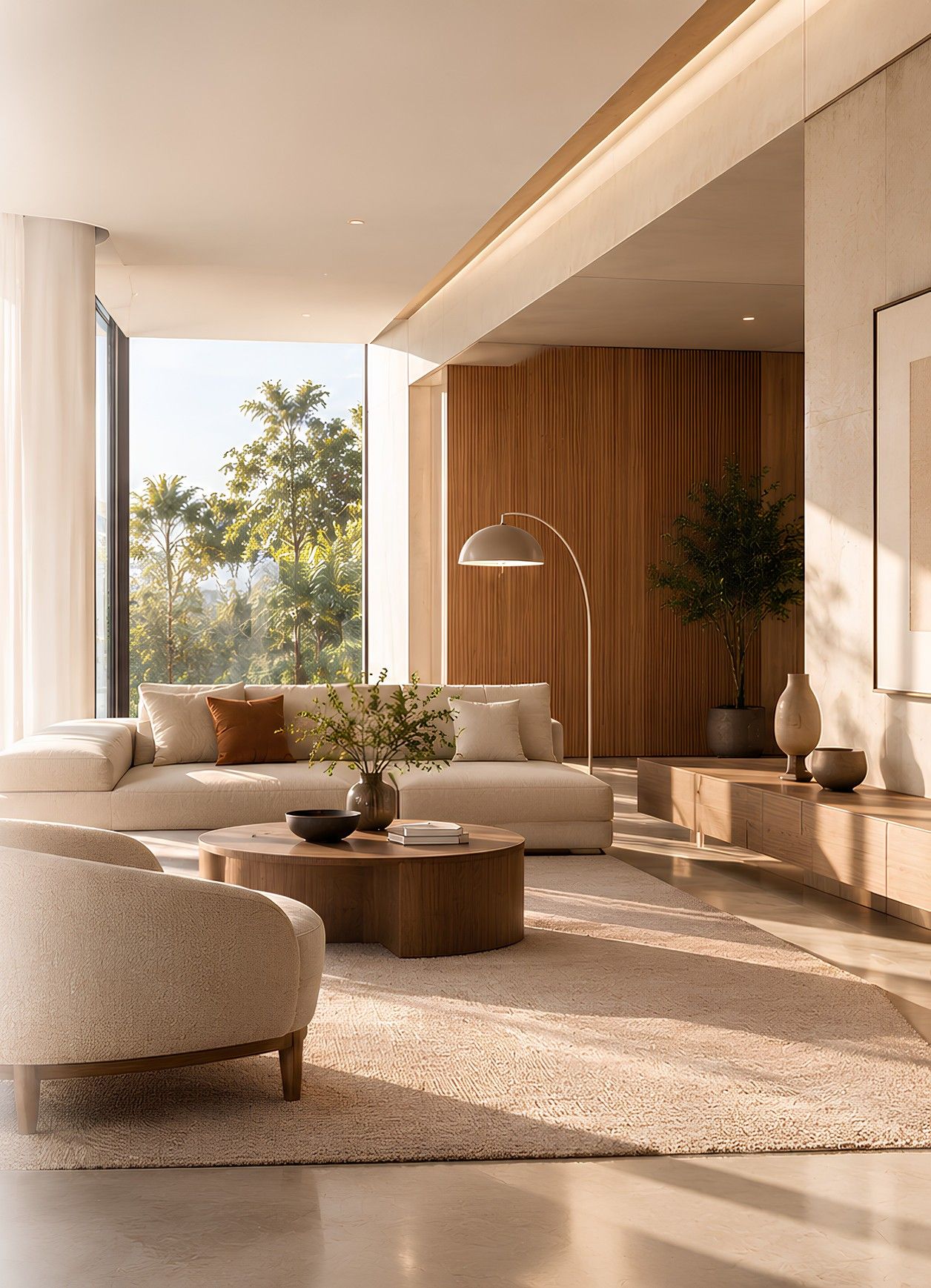 Placeholder image of a calm living room with a curved sofa, timber wall panels and garden views.