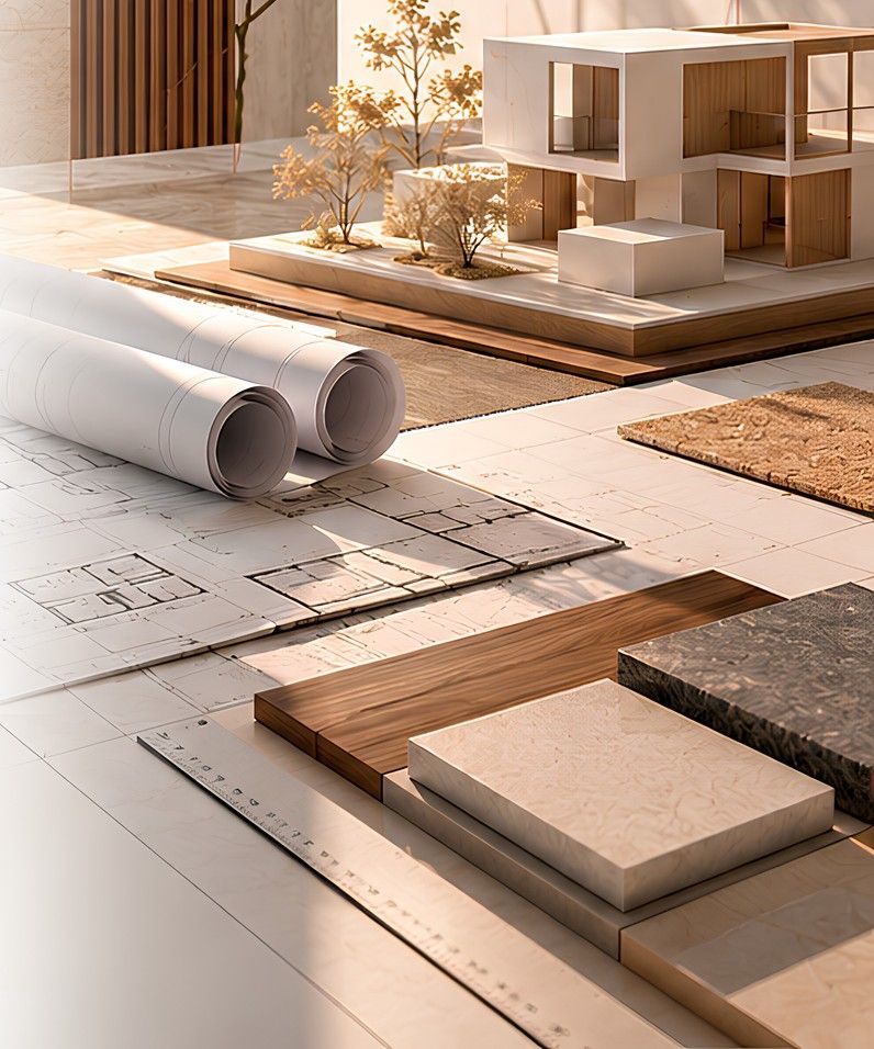 Placeholder image of an architectural model with drawings and stone and timber material samples.