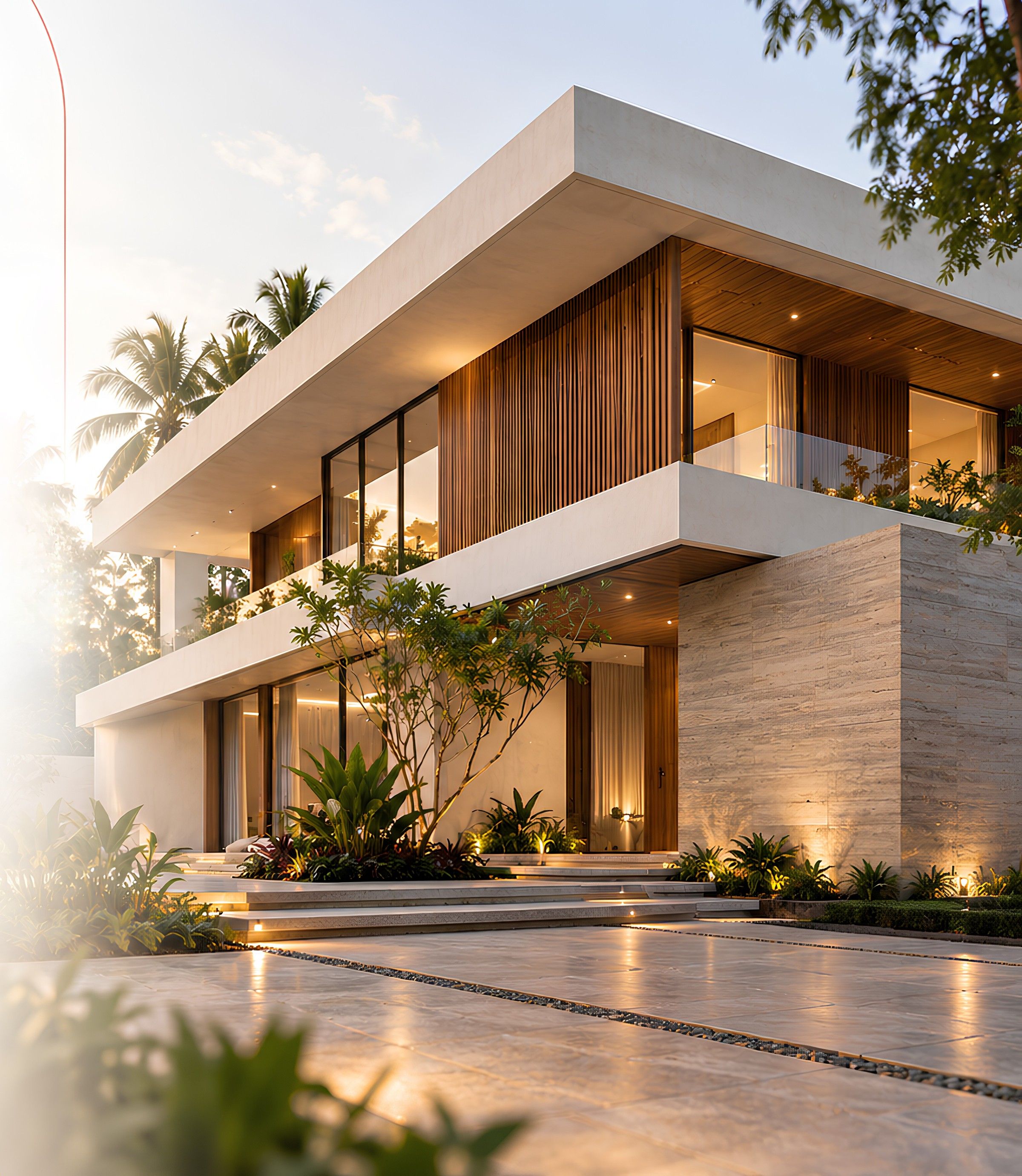 Placeholder image of a contemporary two-storey residence at dusk, with timber screens, stone walls and landscaped steps.