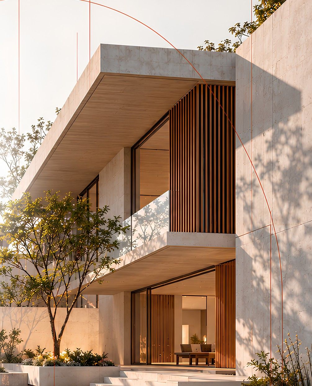 Placeholder image of a contemporary two-storey residence with deep overhangs, timber screens and a planted terrace.