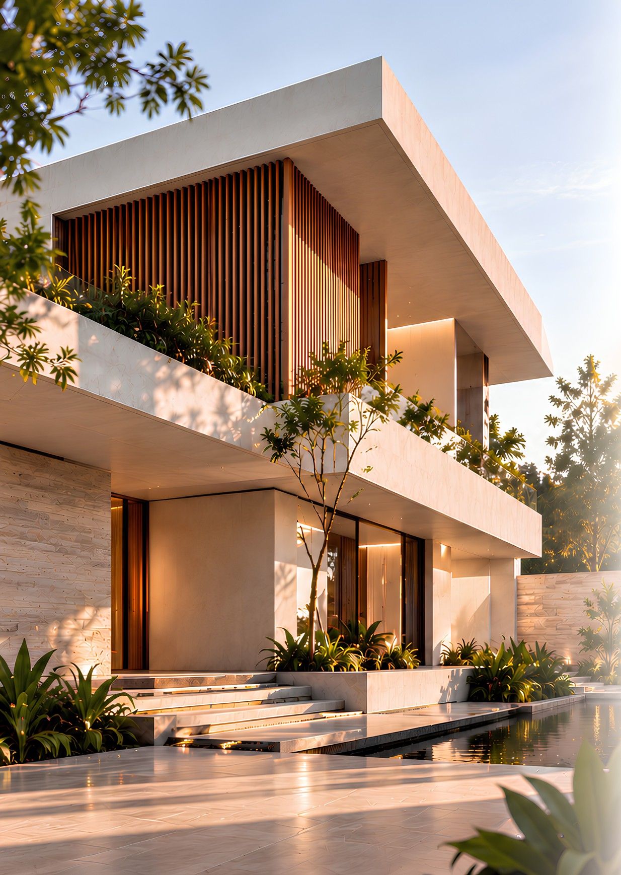 Placeholder image of a villa with deep cantilevered terraces above a reflecting pool.