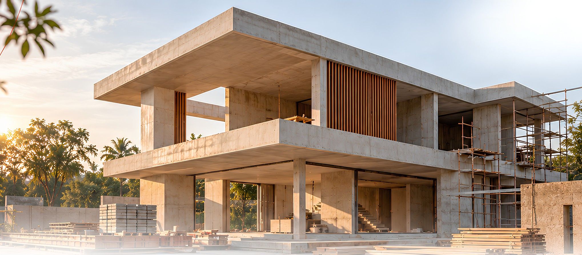 Placeholder image of a two-storey concrete house under construction at sunset, framed by palms.
